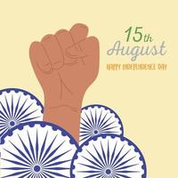 happy independence day india, raised hand with wheels greeting card design vector