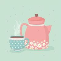 la hora del café y la taza de té y la tetera bebida fresca vector