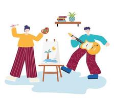 Actividades de personas, mujer haciendo un dibujo y hombre tocando la guitarra. vector