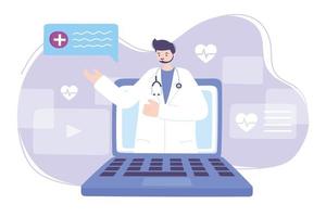 médico en línea, médico en video portátil, servicio de asesoramiento o consulta médica vector