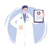 telemedicine, male doctor with clipboard medical stethoscope character vector