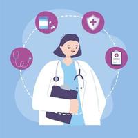 telemedicine, female physician with stethoscope and medical report vector