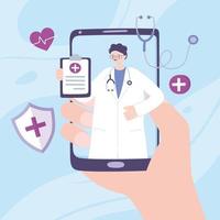 telemedicina, mano con teléfono inteligente médico informe médico consultar vector