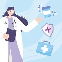telemedicine, female physician with stethoscope kit first aid and medicine vector