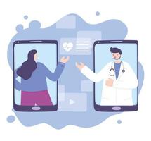 online doctor, female physician and patient smartphone medical support advice or consultation service vector