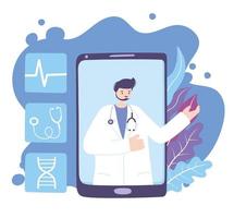 médico en línea, médico con estetoscopio en video teléfono inteligente servicio de asesoramiento o consulta médica vector