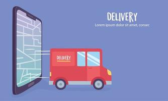 online delivery service, smartphone truck transport fast and free transport, order shipping, app website vector