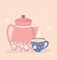 la hora del café y el té, la tetera y la taza aroma decoración de flores frescas vector