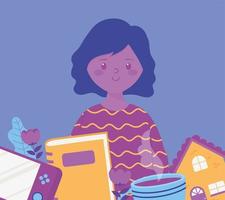 niña con libro de juegos de consola y una taza de café actividades caseras vector