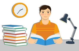 Student. Stack of books, wall clock and table lamp. Flat style vector illustration.