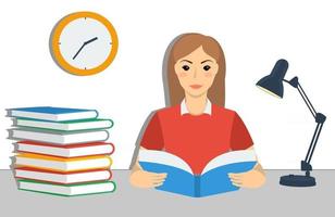 Student. Stack of books, wall clock and table lamp. Flat style vector illustration.