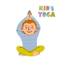 Vector colorful illustration of little boy doing yoga isolated on white background