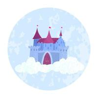 Vector colorful illustration of magical fairy princess castle floating in the clouds on a blue round background