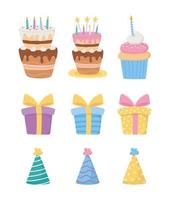 feliz cumpleaños, tortas con velas, cupcakes, cajas de regalo, sombreros de fiesta, decoración, celebración, iconos vector