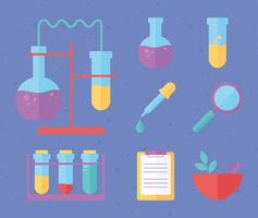 Iconos de muestra de laboratorio de educación en ciencias químicas, estilo plano vector