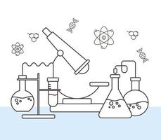 experimento de laboratorio de ciencia química matraces microscopio, estilo de línea vector