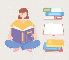 girl sitting with many books reading and studying education vector