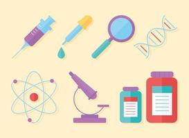 átomo de microscopio de jeringa de lupa de ciencia química, estilo plano vector