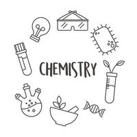 chemistry science test tube mortar bacteria plant and glasses, line style vector