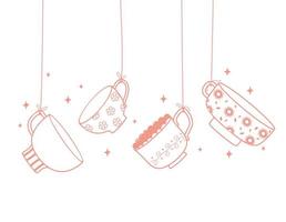 tea and coffee hanging delicate cups decoration, line style vector