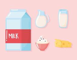 Los iconos de dibujos animados de productos lácteos de leche establecen mantequilla, crema, bebida en frasco de caja y vidrio vector