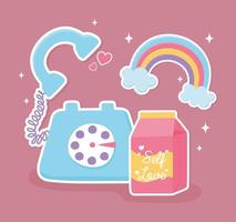 telephone rainbow and juice box decoration cartoon style sticker vector
