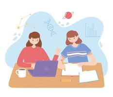 girls with laptop and textbooks reading and studying education vector