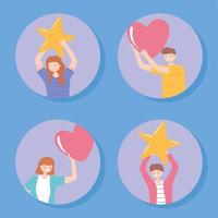 happy people holding star and hearts, rating and feedback concept vector