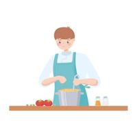 male chef with pot preparing soup with tomatoes vector