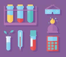 Química ciencia tubos de ensayo termómetro quemador y vasos, estilo plano vector