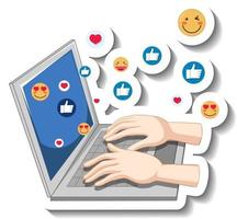 una plantilla de pegatina con las manos en la computadora portátil con el icono de emoji social vector