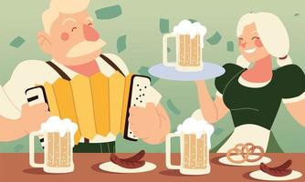 oktoberfest, hombre y mujer, con, cerveza, salchichas, y, pretzels, vector, diseño vector