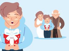 boy with mother and grandfather cartoons opening gift vector design