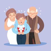 boy with mother and grandfather cartoons opening gift vector design