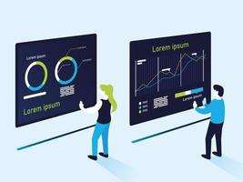 pie and increase line charts infographics woman and man vector design