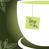 time for tea with bag inside cup and leaves vector design