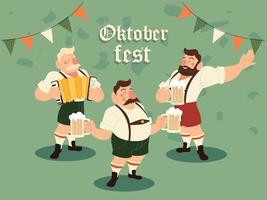 Oktoberfest hombres con cerveza de tela tradicional y diseño de vector de banderín de banner