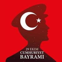 29 ekim cumhuriyet bayrami con silueta de hombre ataturk turco luna y diseño de vector de estrella