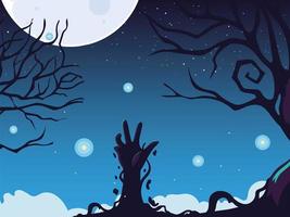 halloween background with zombie hand and full moon vector