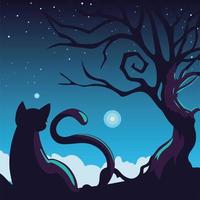 fondo de halloween con gato en la noche oscura vector