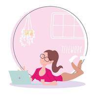 woman working remotely from her home, telework vector