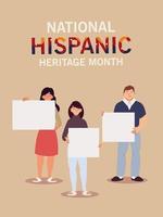 national hispanic heritage month with latin women and man with banners vector design