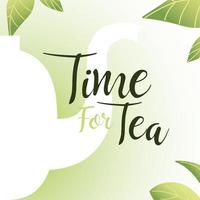 tiempo para el té con olla y hojas de diseño vectorial vector