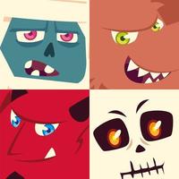 set of icons halloween with heads mummy, ghost, skeleton and devil vector