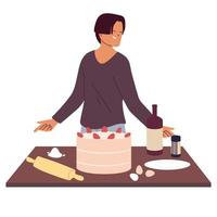 young man preparing a cake on white background vector
