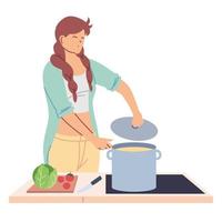 Mujer preparando sopa sobre fondo blanco. vector