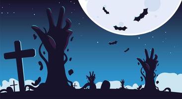 halloween background with zombie hands on cemetery and full moon vector