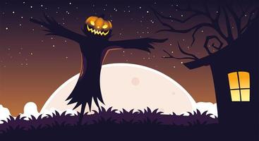 Fondo de halloween con espantapájaros en el campo oscuro vector