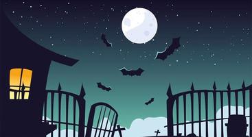 halloween background with haunted house on spooky graveyard vector