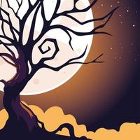 Fondo de noche oscura de halloween con luna llena y árbol aterrador vector
